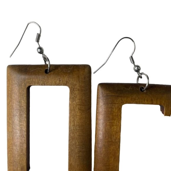 Handmade Rectangular Wooden Dangle Earrings With Cutout Design u - Picture 4 of 7